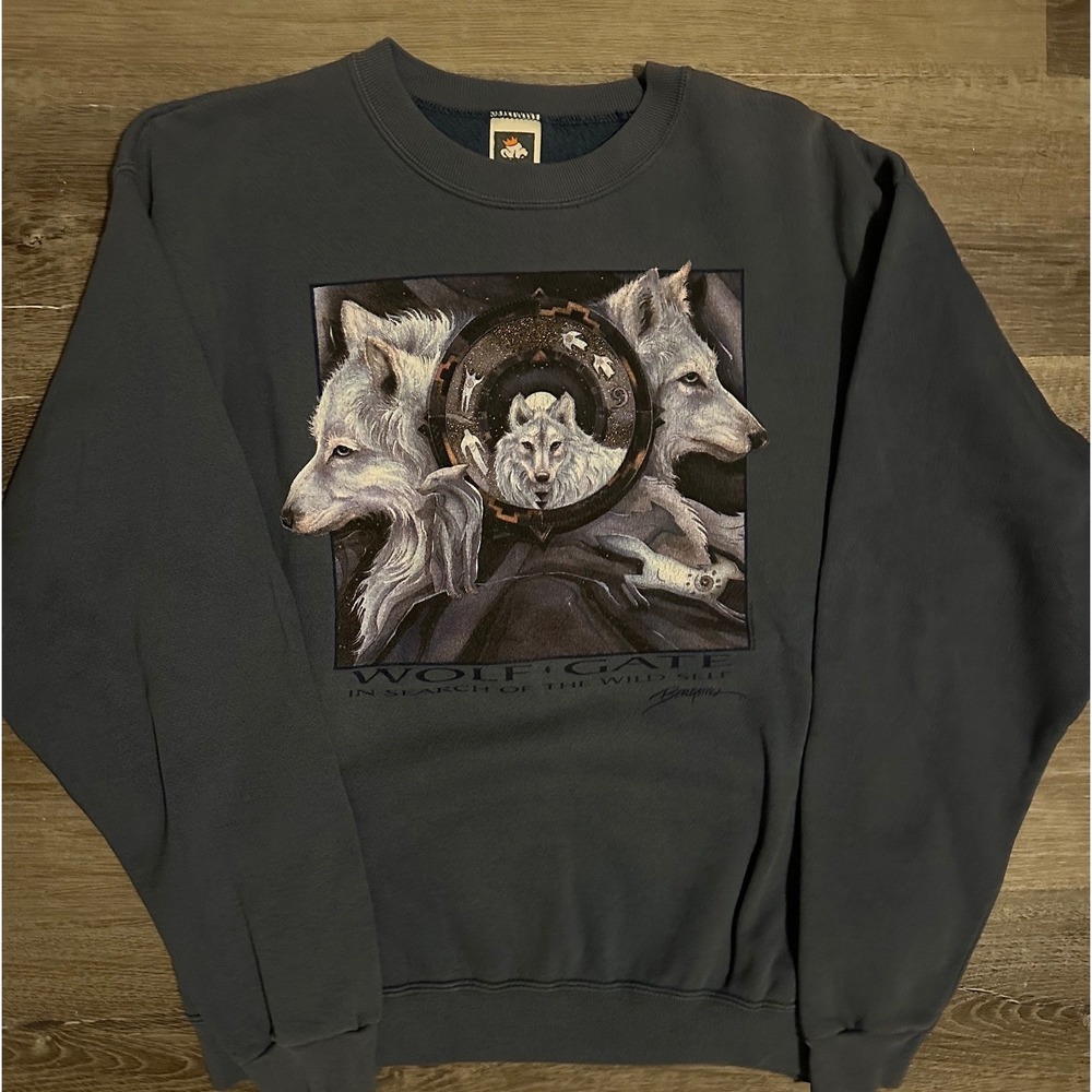 Vintage Wolf Gate Bergsma Graphic Sweatshirt Mens Medium Blue Gray Wolf Art